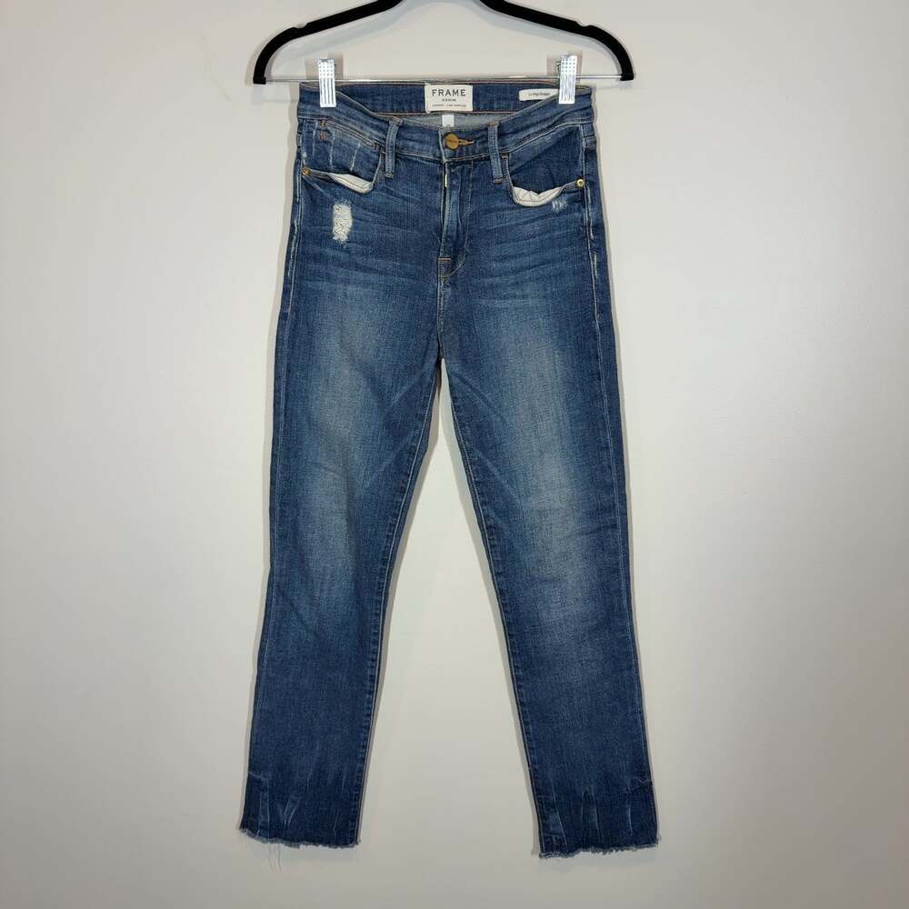 FRAME Denim Le High Straight Jeans Women Size 25 Blue Raw Hem Distressed